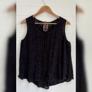 Johnny Was Navy Button Blouse Embroidered Floral Lace Rayon Light Boho Shirt